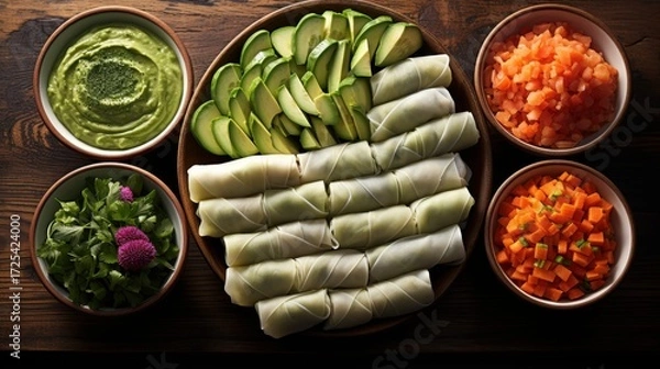 Fototapeta Fresh Spring Rolls with Vegetables Assortment