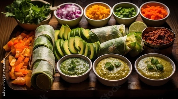 Fototapeta Fresh Spring Rolls with Dips Galore