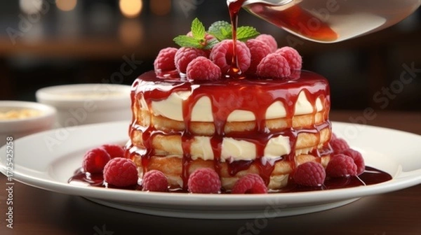Fototapeta Raspberry cake being drizzled with sauce