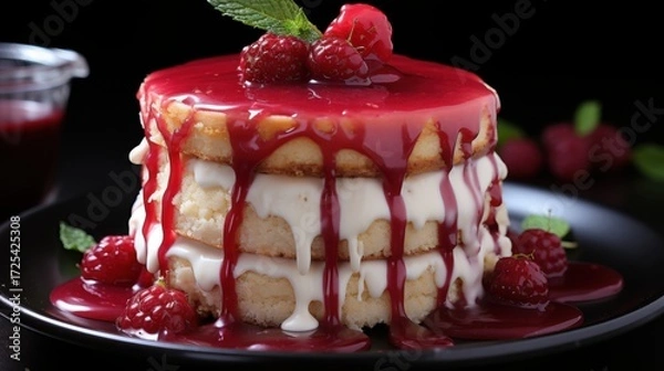 Fototapeta Delectable Raspberry Cake with Cream Glaze