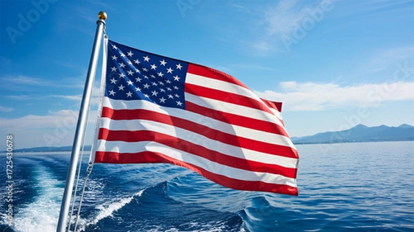 Obraz Proud American flag waves majestically on a boat sailing across a sparkling blue ocean under a clear sky