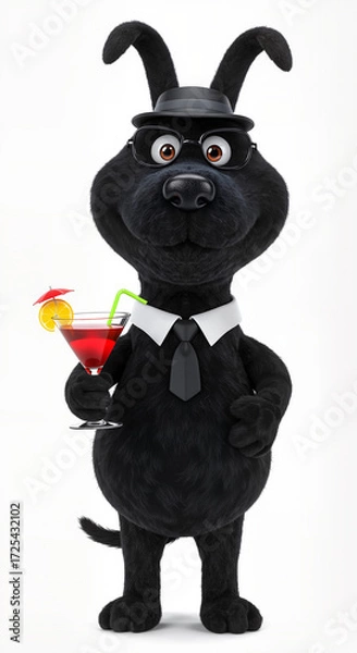 Fototapeta Black dog in a suit holding a cocktail with a confident expression  