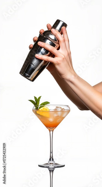 Fototapeta Bartender shaking cocktail in shaker with fresh lemon garnish  