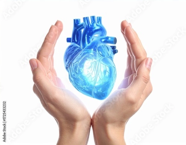 Fototapeta Pair of hands gently cradles a vibrant blue anatomical heart model, representing vital health protection and advanced medical technology.