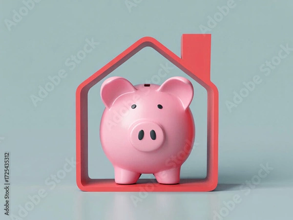 Obraz Secure your future with a charming pink piggy bank nestled safely inside a modern home outline, symbolizing financial planning and savings goals.