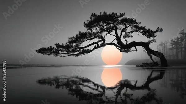 Fototapeta Peaceful tree sunset reflection