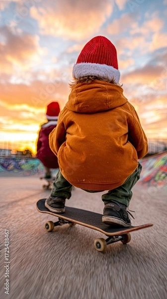 Fototapeta Dreamy visual theme - Kids Skateboarding at Sunset in Vibrant Winter Attire - surreal emotional atmosphere