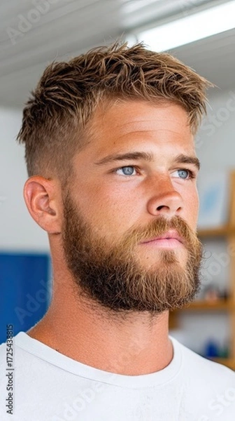 Fototapeta Dreamy visual theme - Portrait of a Bearded Young Man with Blue Eyes in Natural Light Setting - surreal emotional atmosphere