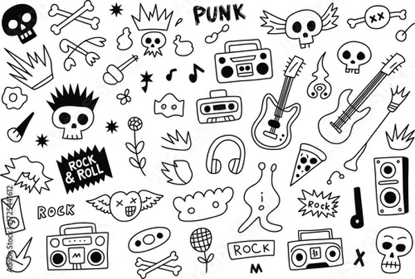 Fototapeta Rock and roll punk music doodles seamless pattern vector art