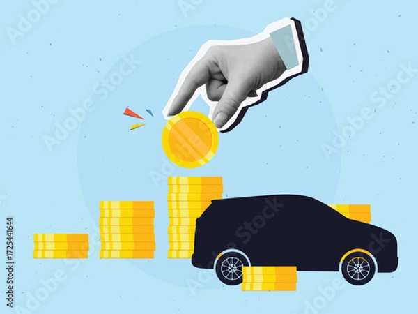Fototapeta A hand places a golden coin on top of a stack near a car silhouette. Cost and purchase of a car. Modern collage style. Vector illustration
