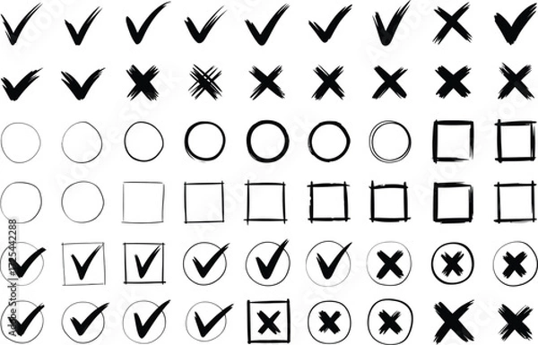 Fototapeta Check marks cross marks circles squares hand drawn illustration