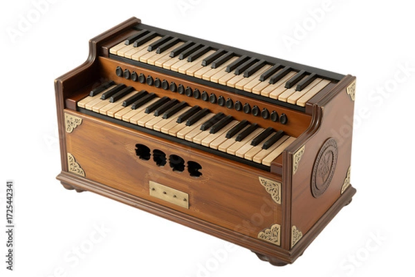 Fototapeta Vintage double manual harmonium musical instrument with wooden casing and ivory keys isolated on transparent background