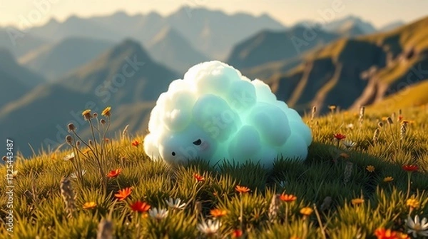 Obraz Cute fluffy cloud creature resting in mountain meadow with wildflowers”Fantastic Frontiers Digital Artwork series ar 16:9
