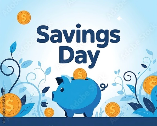 Fototapeta Savings day piggy bank illustration with blue piggy, coins dropping into slot, sprouting plant icons symbolizing financial growth, pastel gradient background, banner for savings and budgeting