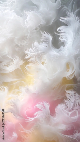 Fototapeta Ethereal Feather Whispers: Soft pastel filaments drift in gentle spirals, blending translucent white, pink, and yellow gradients into an abstract harmony.