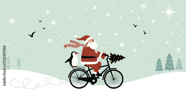 Fototapeta Santa claus riding bike with christmas tree and penguin vector