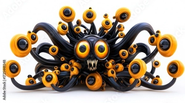 Fototapeta Colorful abstract creature with large eyes and multiple tentacles on a white background, featuring vibrant orange and black design