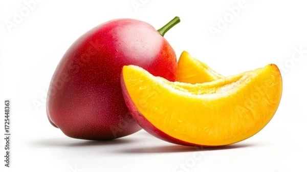 Fototapeta Fresh Juicy Mango with Sliced Segment on White Background for Fruit Highlights and Healthy Cooking Concepts