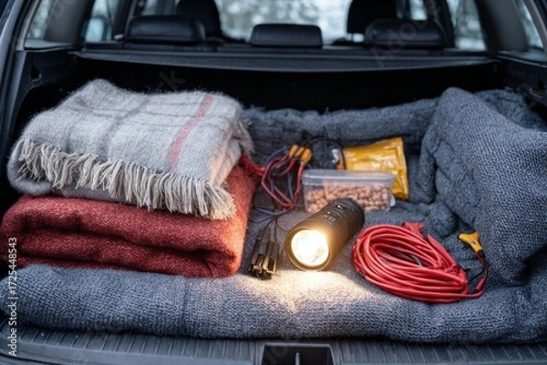 Fototapeta Winter travel essentials neatly arranged in car trunk with cozy blankets and snacks. Winter car emergency kit laid out in trunk--blanket, jumper cables, flashlight, ice scraper, snacks
