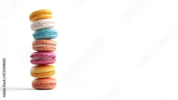 Fototapeta Colorful Macarons Stacked in a Tower on a White Background Perfect for Sweet Treats and Dessert Concepts