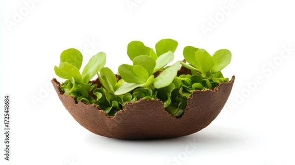 Fototapeta Fresh Green Sprouts Growing in a Unique Chocolate Shell Bowl on a White Background for Food Decoration Concepts