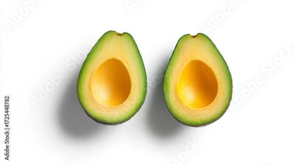 Fototapeta Freshly Cut Avocado Halves on White Background with Bright Yellow Flesh and Green Skin for Healthy Eating Concept