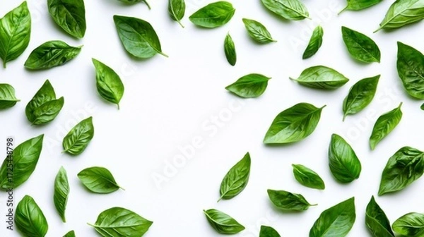 Fototapeta Fresh Green Basil Leaves on White Background for Culinary and Natural Concepts with Vibrant Color and Texture
