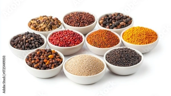 Fototapeta Assorted Spices and Seeds in Bowls on White Background for Culinary and Food Preparation Inspirations