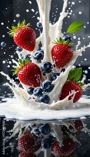 Obraz Fresh strawberries and blueberries splashing into milk