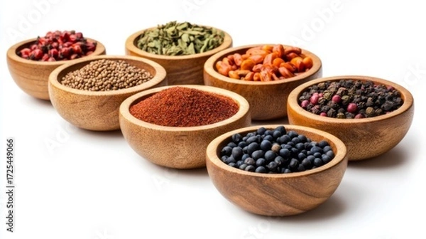 Fototapeta Assorted Spices in Wooden Bowls on a Clean Background for Culinary Inspiration and Flavor Exploration