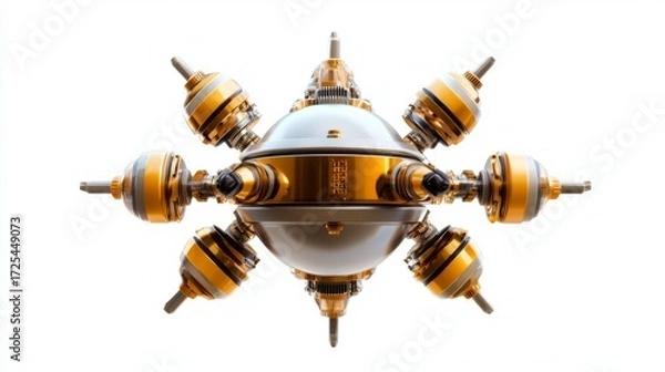 Fototapeta Futuristic spherical device with golden accents and technological details, showcasing intricate designs and innovative engineering