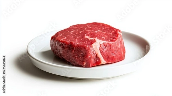 Fototapeta Fresh Cut Red Meat Steak on White Plate Isolated on White Background for Culinary and Food Photography Use