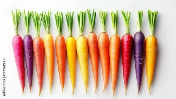 Fototapeta Vibrant Assortment of Freshly Harvested Carrots in Various Colors Arranged Neatly on White Background