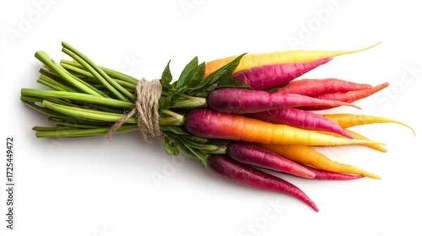 Fototapeta Colorful Variety of Fresh Radishes with Green Stems, Tied with Twine on White Background for Healthy Food Photography