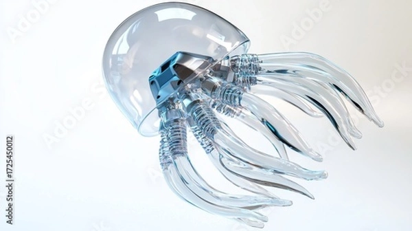 Fototapeta Transparent Jellyfish with Elongated Tentacles Floating Elegantly in a Calm Ocean Environment Against a Soft Blue Background