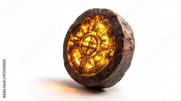 Fototapeta Ancient Enigmatic Artifact Illuminated with Mystical Light on White Background, Perfect for Fantasy and Sci-Fi Themes