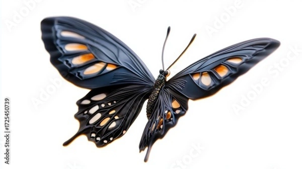 Fototapeta Beautiful black butterfly with orange highlights gliding gracefully against a white background in nature's vibrant colors