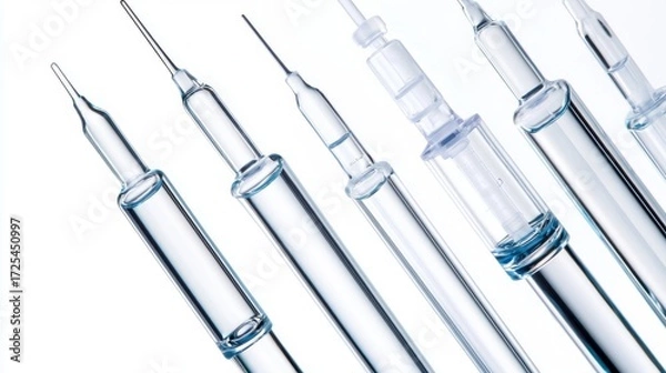 Fototapeta Collection of Various Medical Syringes and Needles on White Background for Healthcare and Pharmaceutical Use