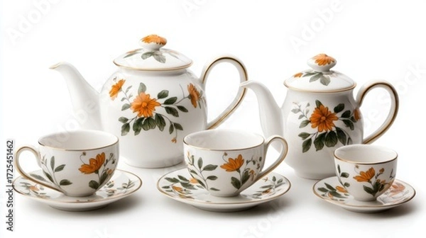 Fototapeta Elegant porcelain tea set with floral design, featuring teapot, cream pitcher, sugar bowl, cups, and saucers for afternoon tea