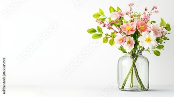 Fototapeta Beautiful bouquet of pink flowers in a clear glass vase on a simple white background for floral decor or design projects