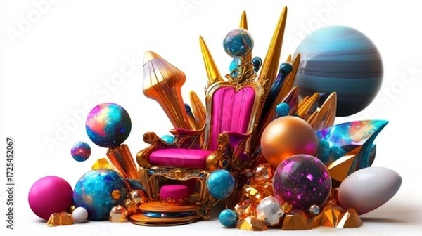 Fototapeta Luxurious Golden Throne Surrounded by Colorful Celestial Orbs and Shiny Crystals in a Fantasy Universe Setting