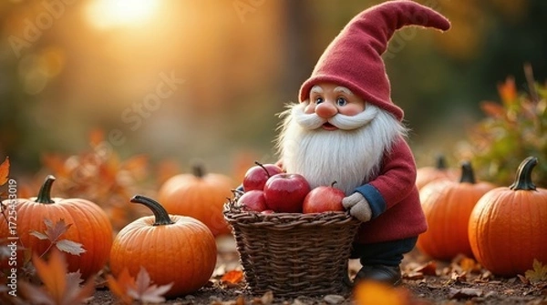 Fototapeta Charming autumn gnome with basket of apples among pumpkins in a warm sunset setting in a peaceful garden scene