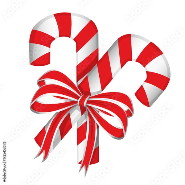 Fototapeta Christmas red and white striped candy canes with red bow on  transparent background