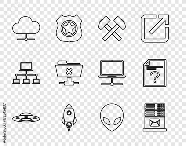 Fototapeta Set line UFO flying spaceship, Mail server, Two crossed hammers, Rocket with fire, Network cloud connection, FTP cancel operation, Alien and Unknown document icon. Vector