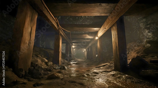 Fototapeta A view from inside an old, wet and abandoned mine, a dark and dangerous underground tunnel with wood supports, a concept of historical mining, hard work and exploration, a claustrophobic rustic.