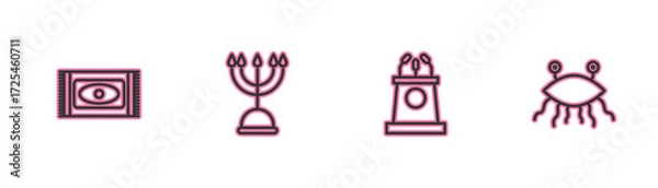 Fototapeta Set line Traditional carpet, Stage stand or tribune, Hanukkah menorah and Pastafarianism icon. Vector