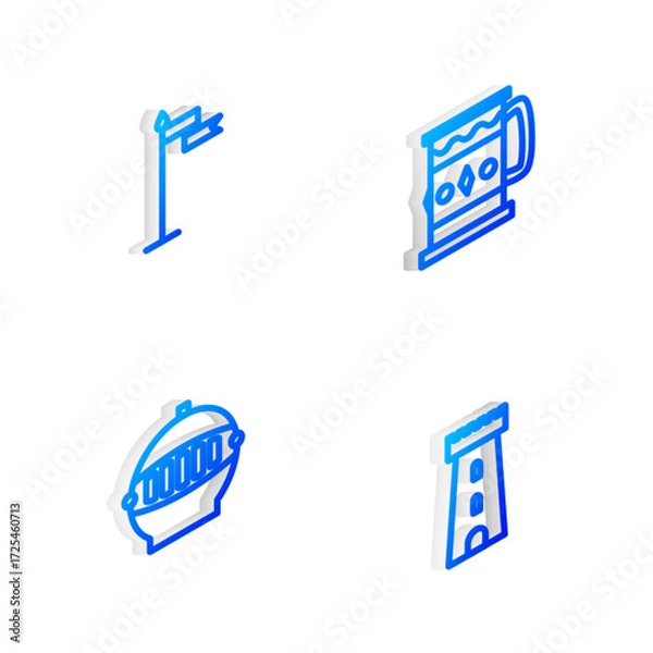Fototapeta Set Isometric line Wooden mug, Medieval flag, iron helmet and Castle tower icon. Vector