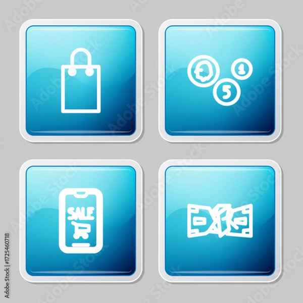 Fototapeta Set line Paper shopping bag, Coin money, Mobile phone and cart and Crumpled paper cash icon. Vector
