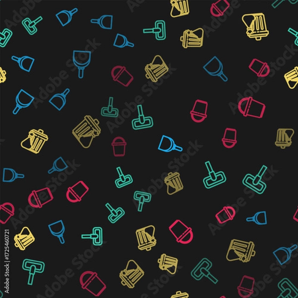 Fototapeta Set line Dustpan, Mop, Trash can and garbage bag and Bucket on seamless pattern. Vector