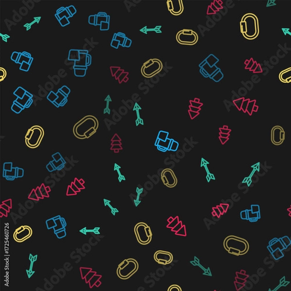 Fototapeta Set line Thermos container and cup, Hipster arrow, Carabiner and Tree on seamless pattern. Vector